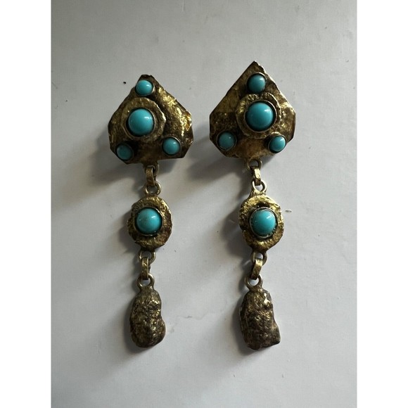 Vintage Mid Century HENRY PERICHON  Earrings Faux Turquoise  Gilt Bronze Rare - Picture 6 of 16